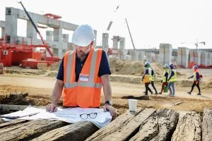 construction foreman looking at blueprints